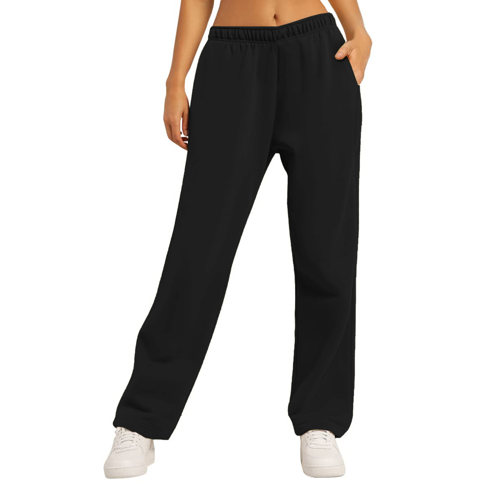 thumbnail image 2 of Pantalones de chándal con forro polar para mujer: cintura alta, pierna ancha y bolsillos; poliéster ligero para primavera/otoño; diseño con lazo delantero; informal/trabajo/yoga; tallas S-XXL., 2 of 7